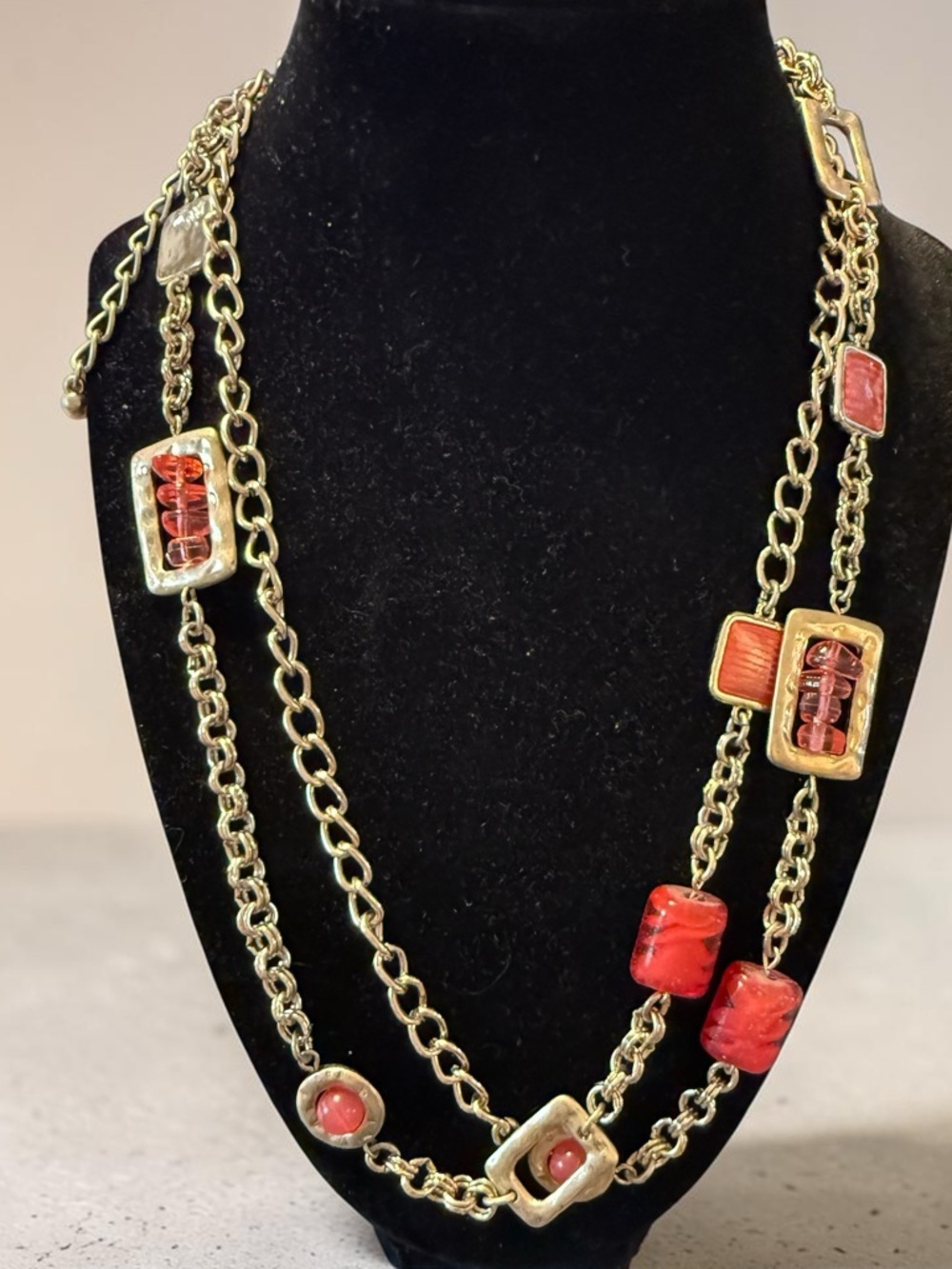 Chico’s Style Peach Glass & Gold Tone Long Necklace 44” + Extender